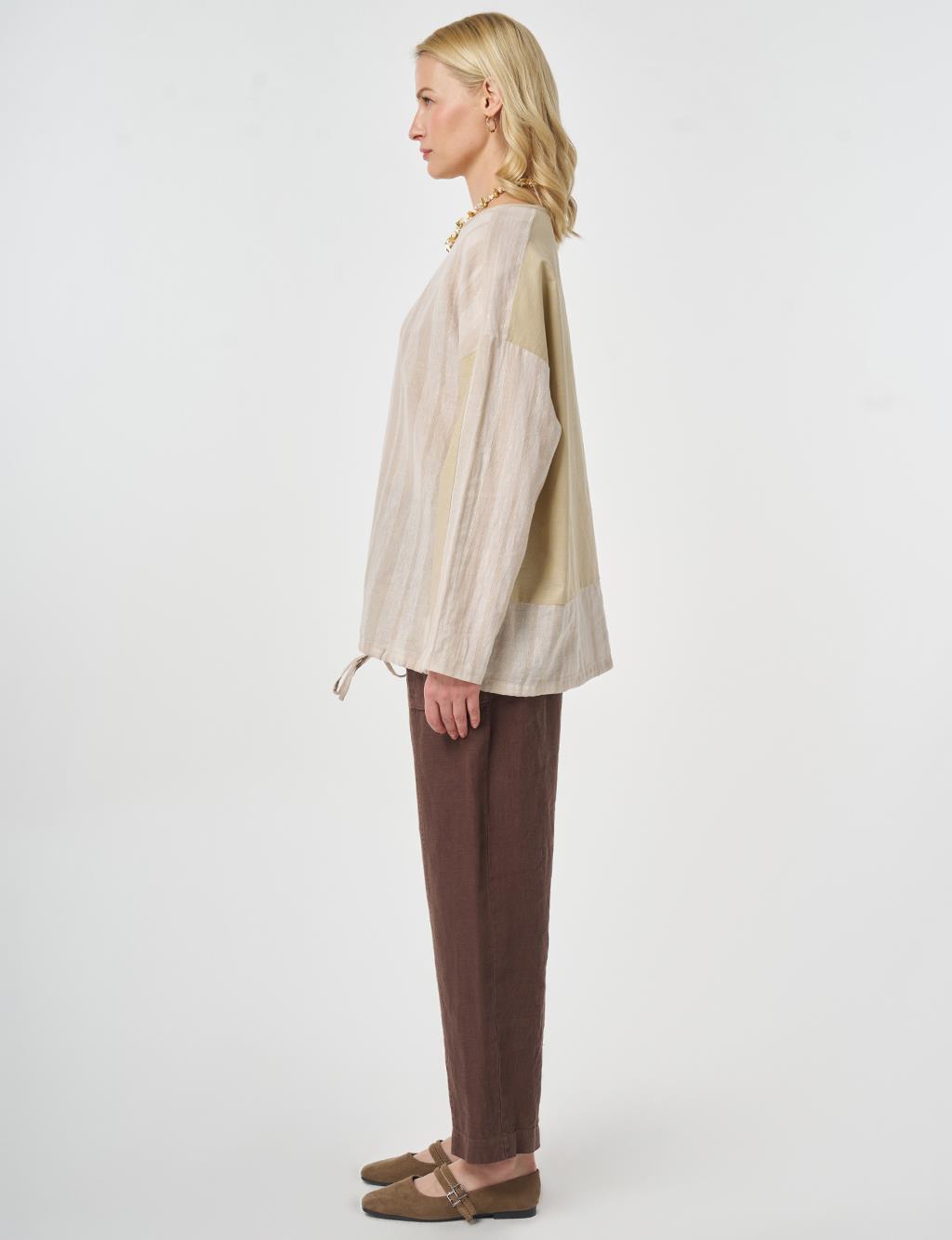Crew Neck Cotton Linen Blouse, Beige