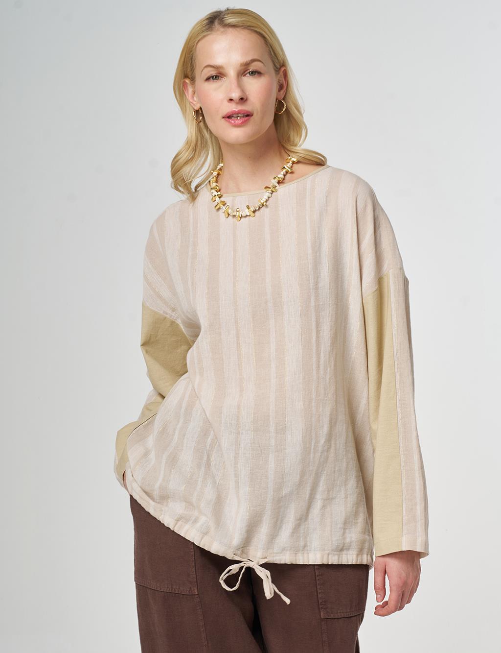 Crew Neck Cotton Linen Blouse, Beige