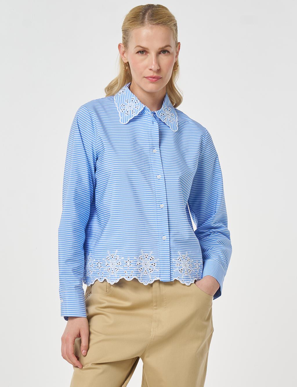 Laser-Cut Cotton Blouse – Light Air Force Blue
