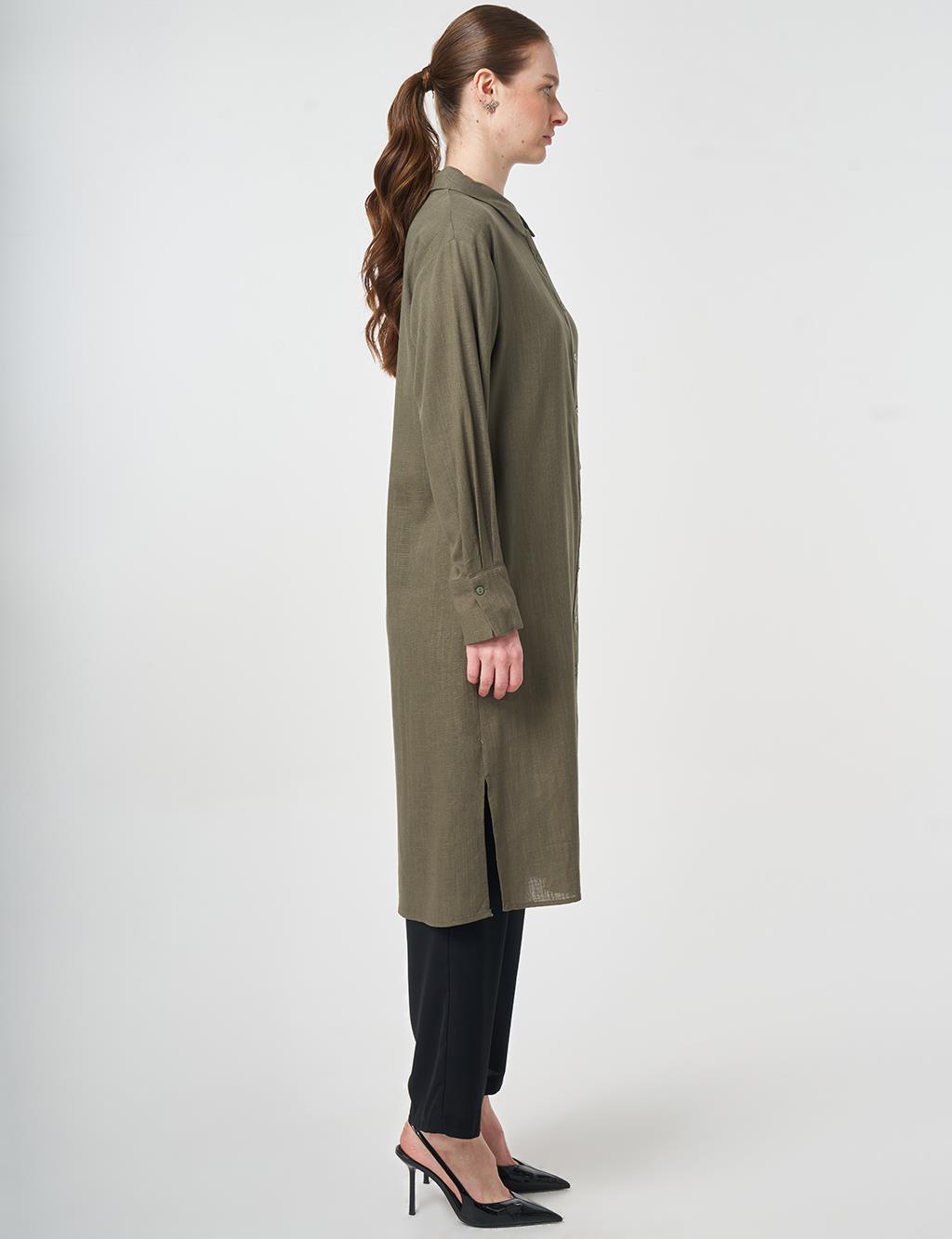 Linen Viscose Long Tunic, Khaki