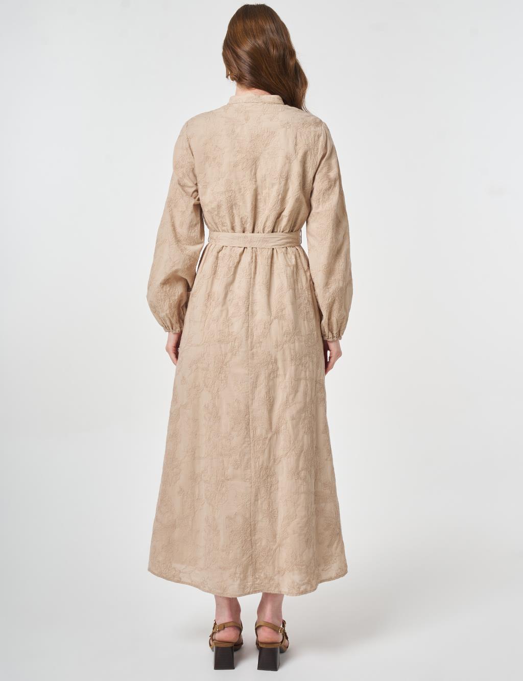 100% Cotton Embroidered Dress Beige