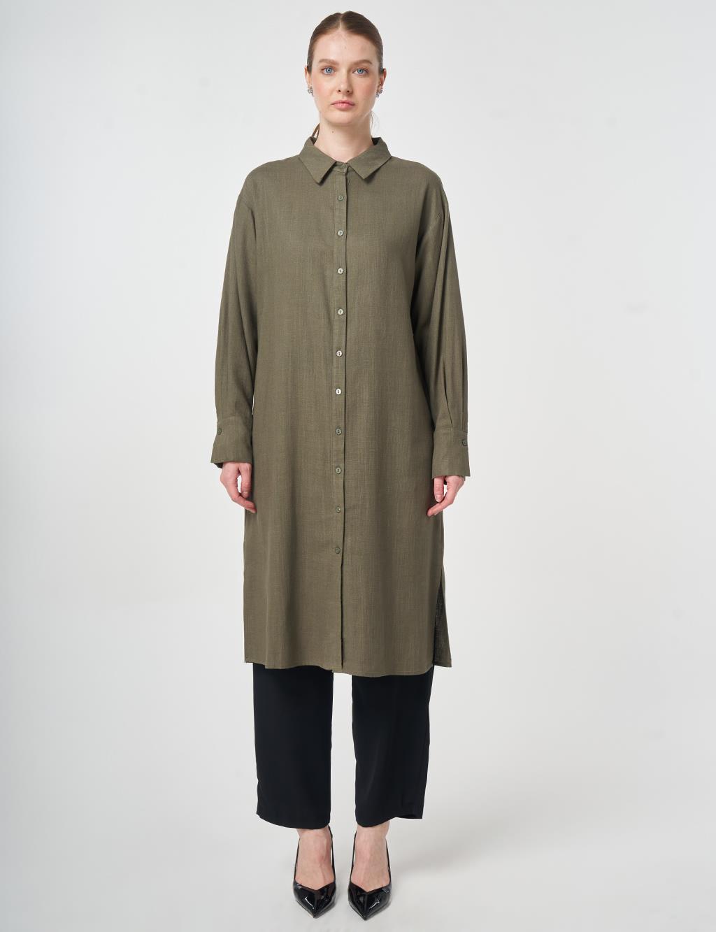 Linen Viscose Long Tunic, Khaki