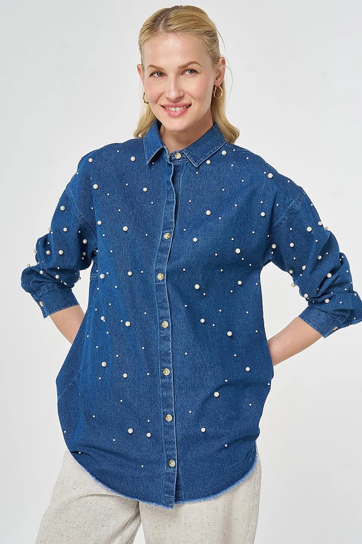 Pearl-Embellished Denim Tunic Indigo
