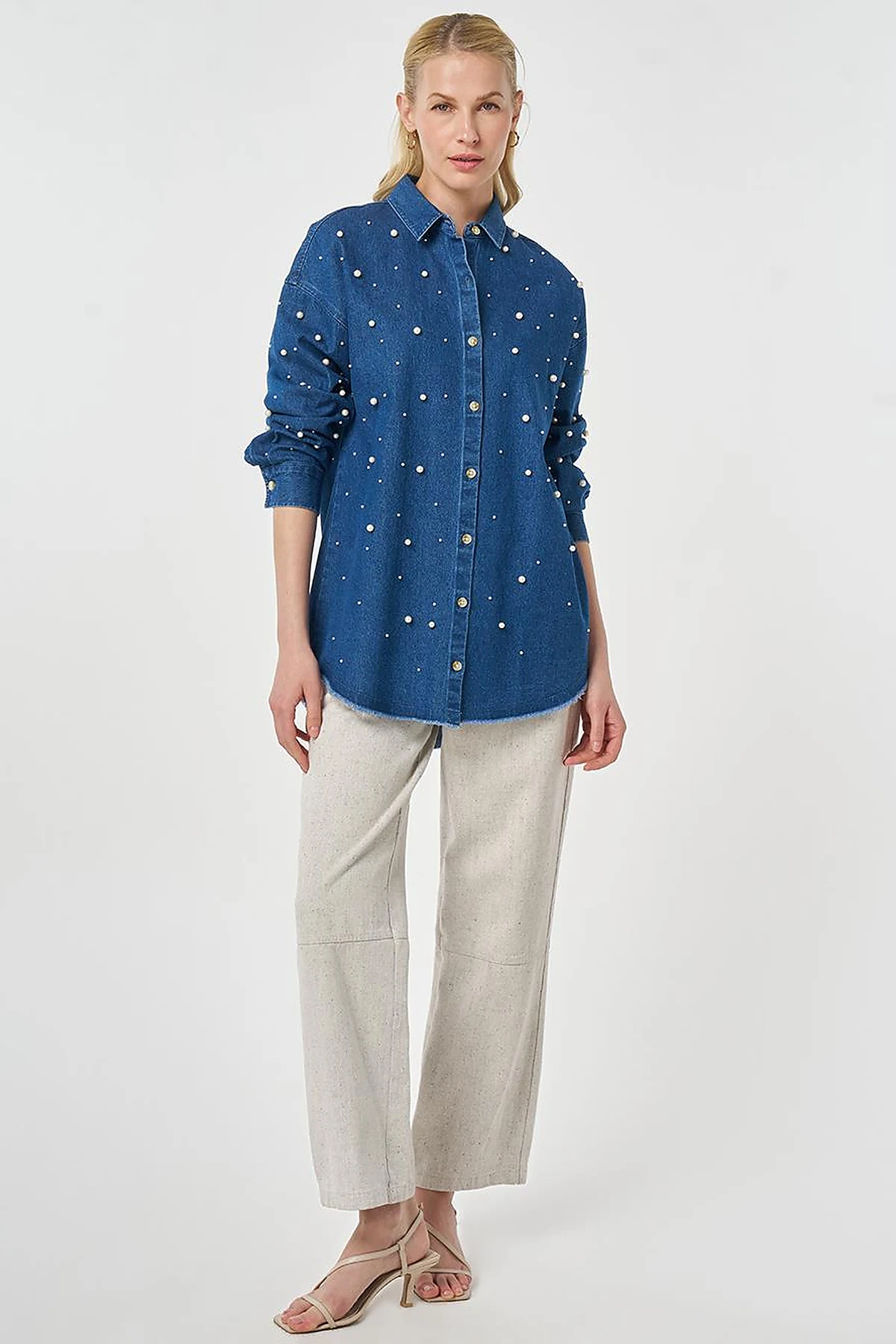 Pearl-Embellished Denim Tunic Indigo