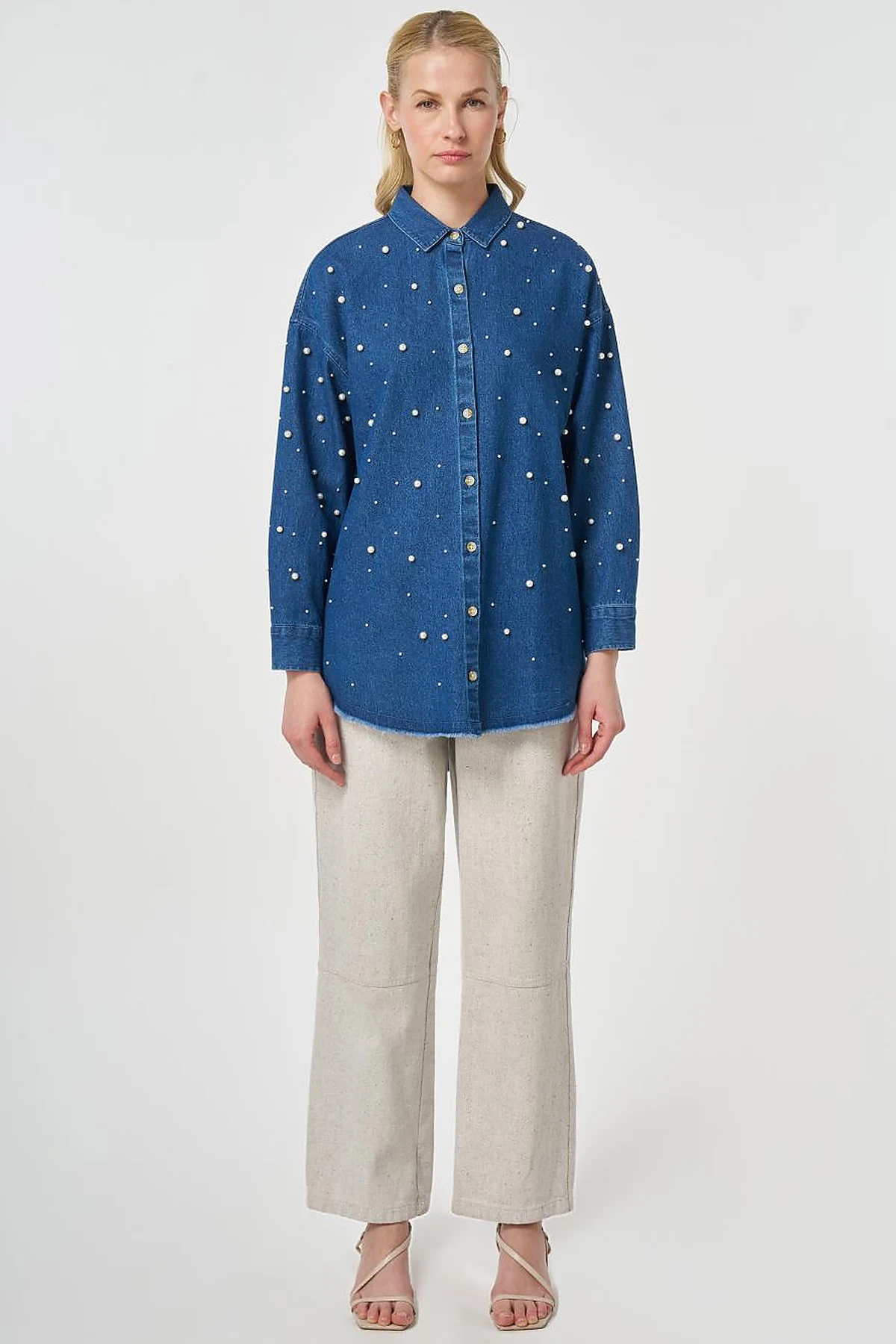 Pearl-Embellished Denim Tunic Indigo