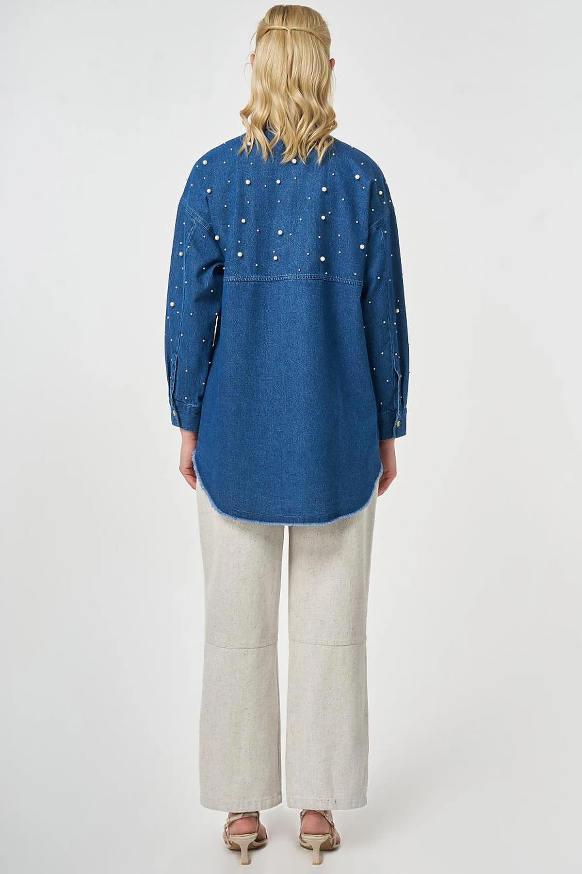 Pearl-Embellished Denim Tunic Indigo