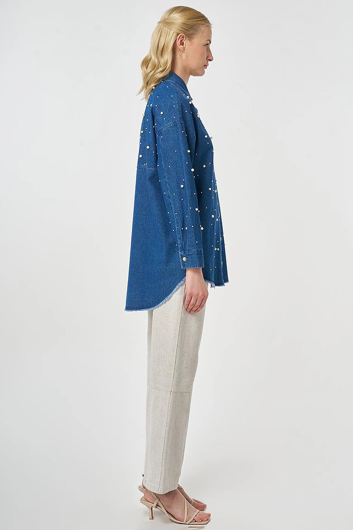 Pearl-Embellished Denim Tunic Indigo