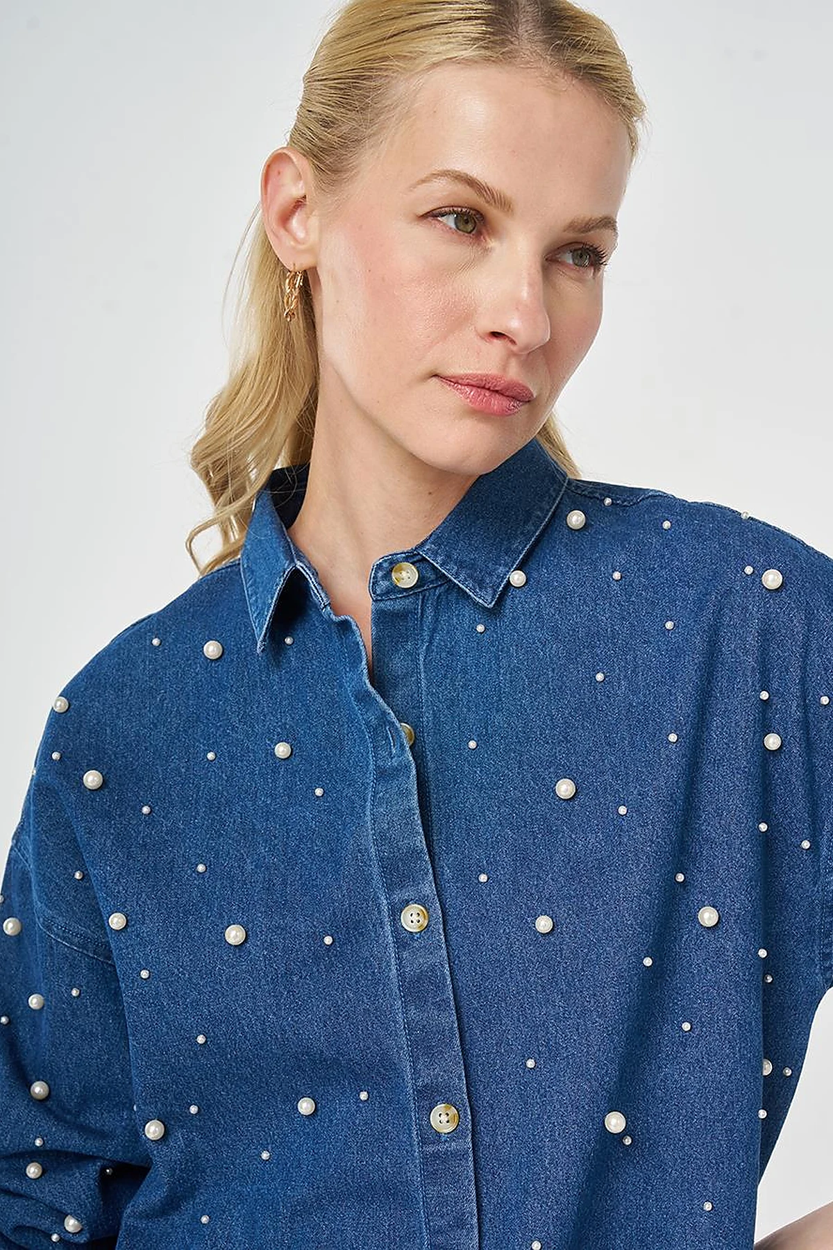 Pearl-Embellished Denim Tunic Indigo