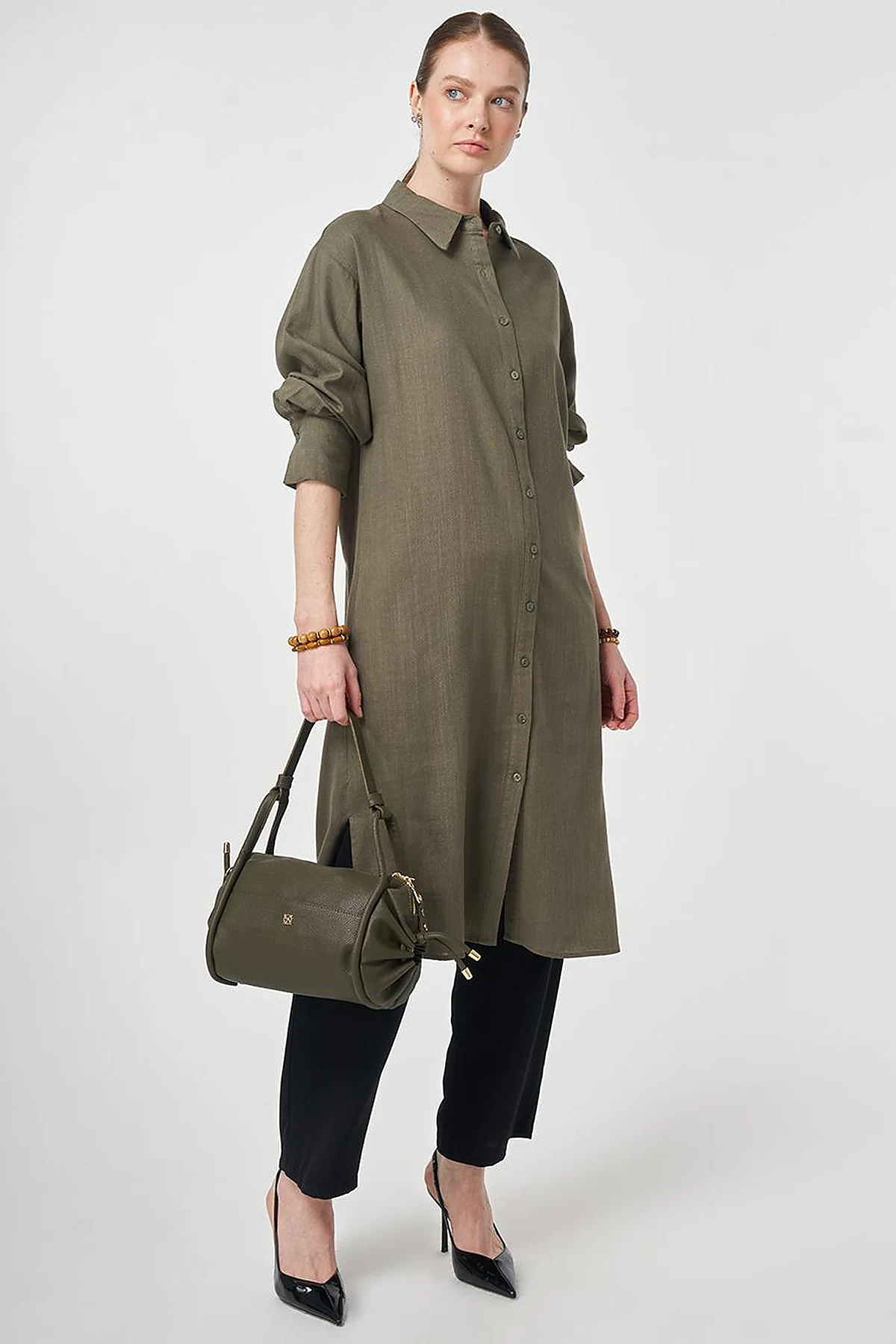 Linen Viscose Long Tunic, Khaki