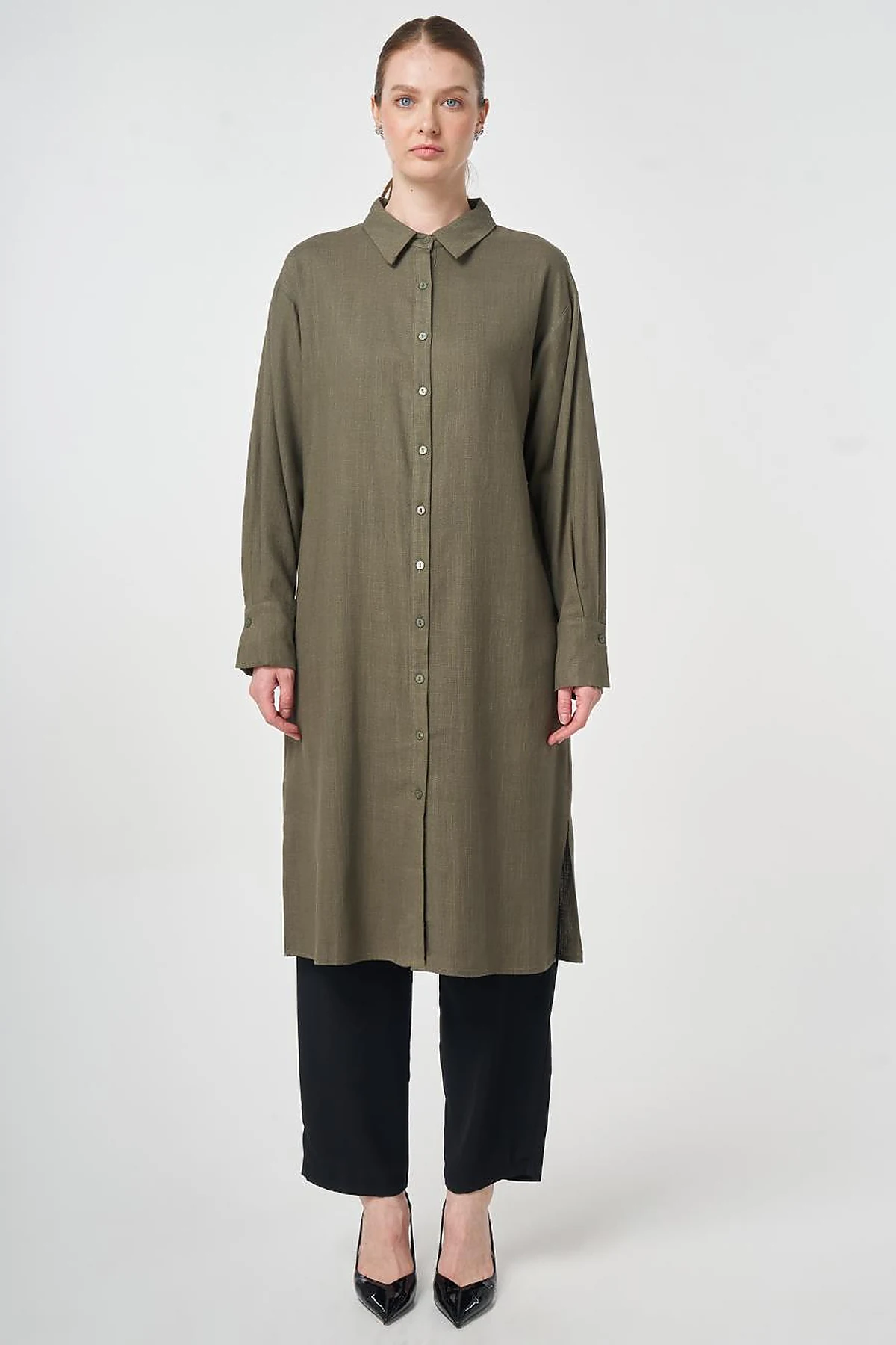 Linen Viscose Long Tunic, Khaki
