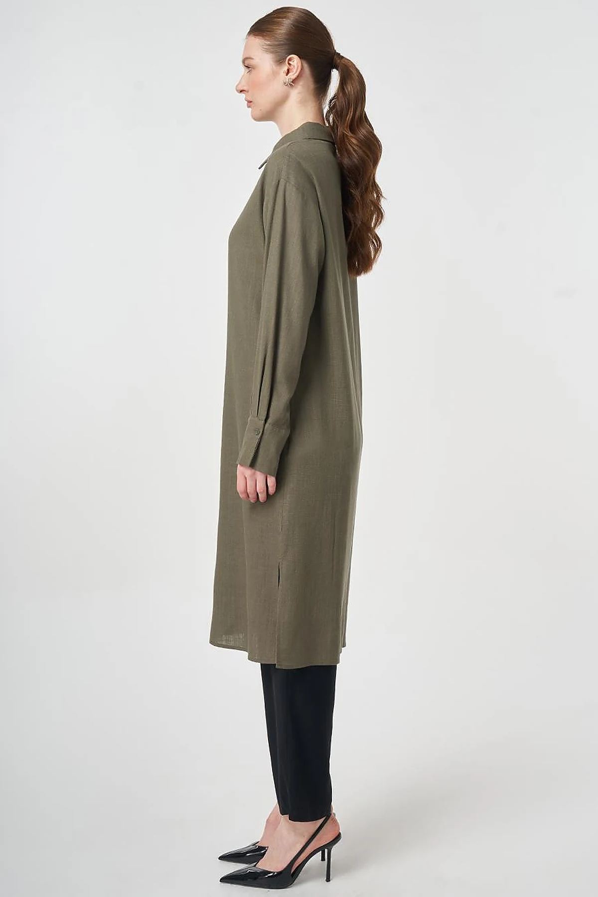 Linen Viscose Long Tunic, Khaki