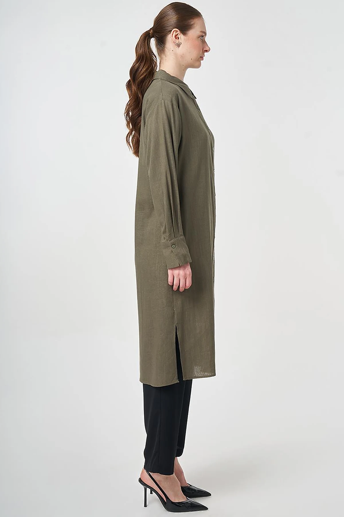 Linen Viscose Long Tunic, Khaki