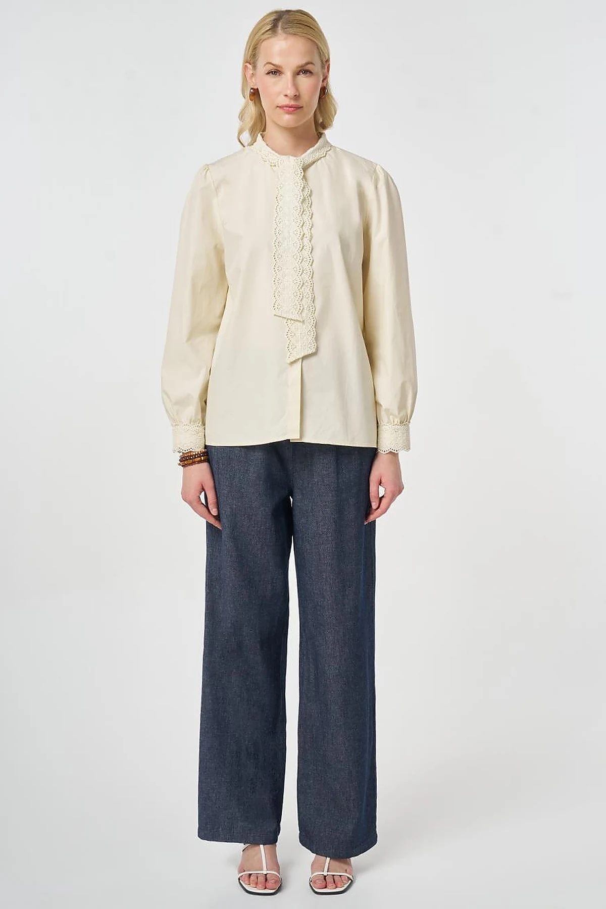 100% Cotton Lace-Trimmed Blouse Ecru