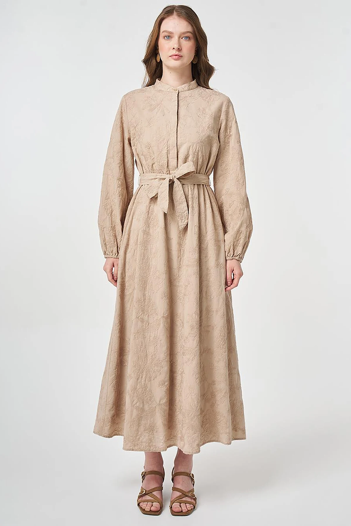 100% Cotton Embroidered Dress Beige