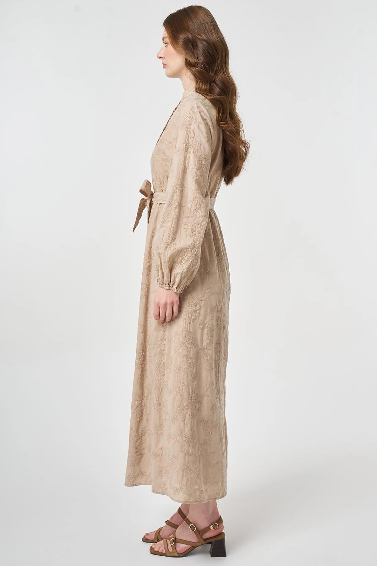100% Cotton Embroidered Dress Beige