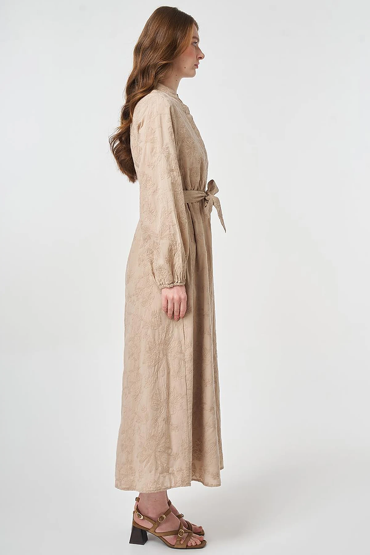 100% Cotton Embroidered Dress Beige