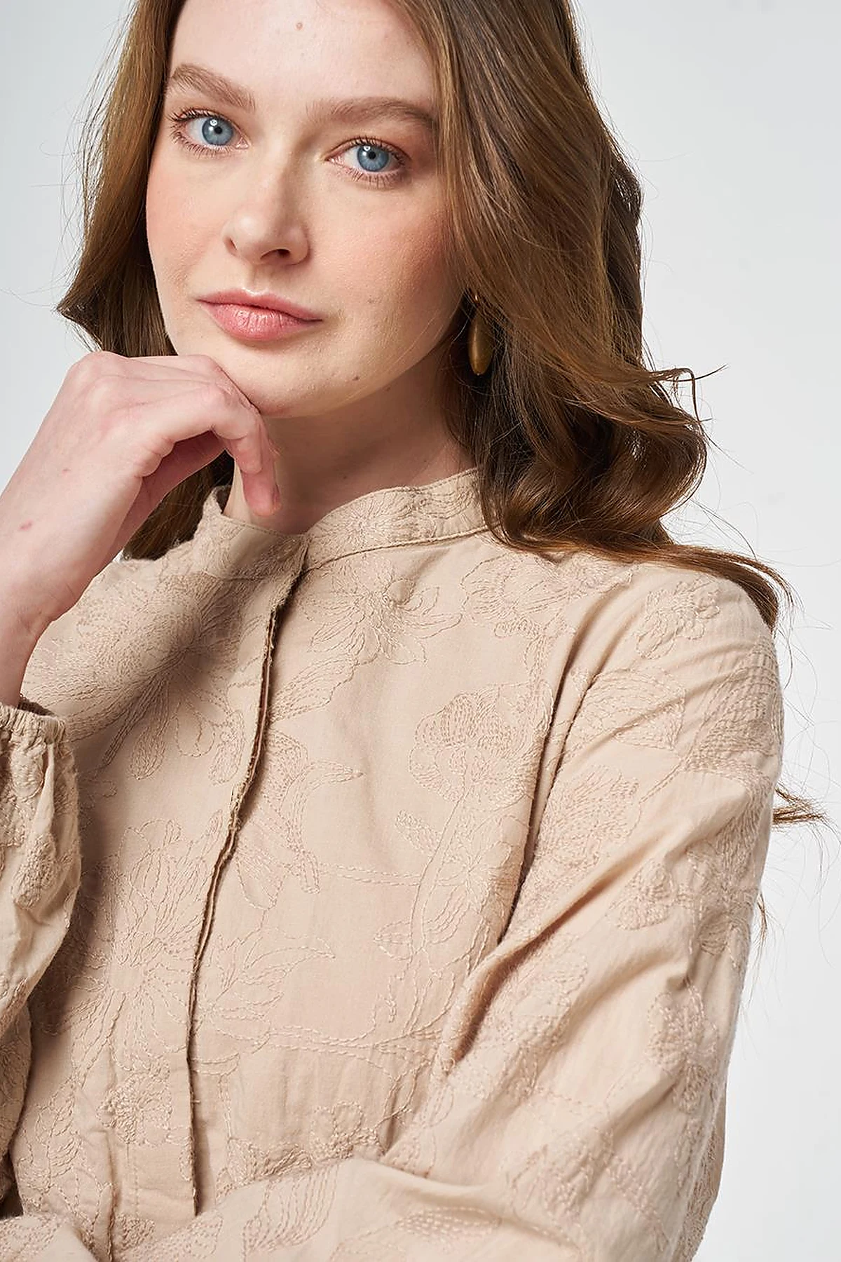 100% Cotton Embroidered Dress Beige