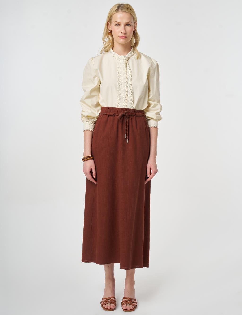 High Waist Rayon A-line Skirt Reddish Brown