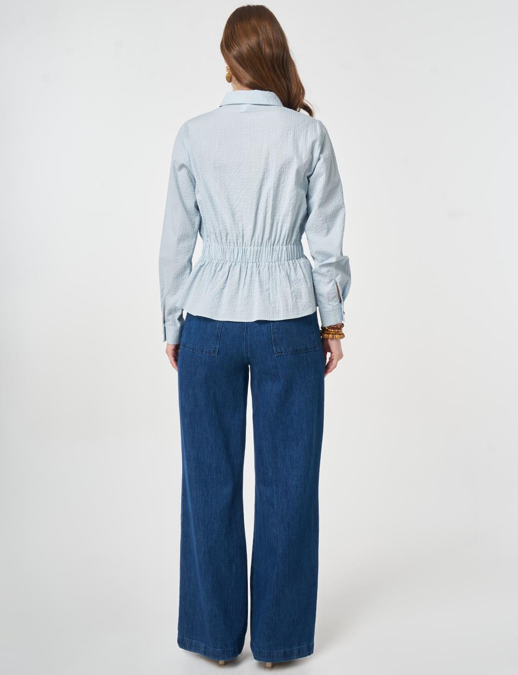 %100 Pamuklu İşleme Detaylı Gofreli Bluz Mavi