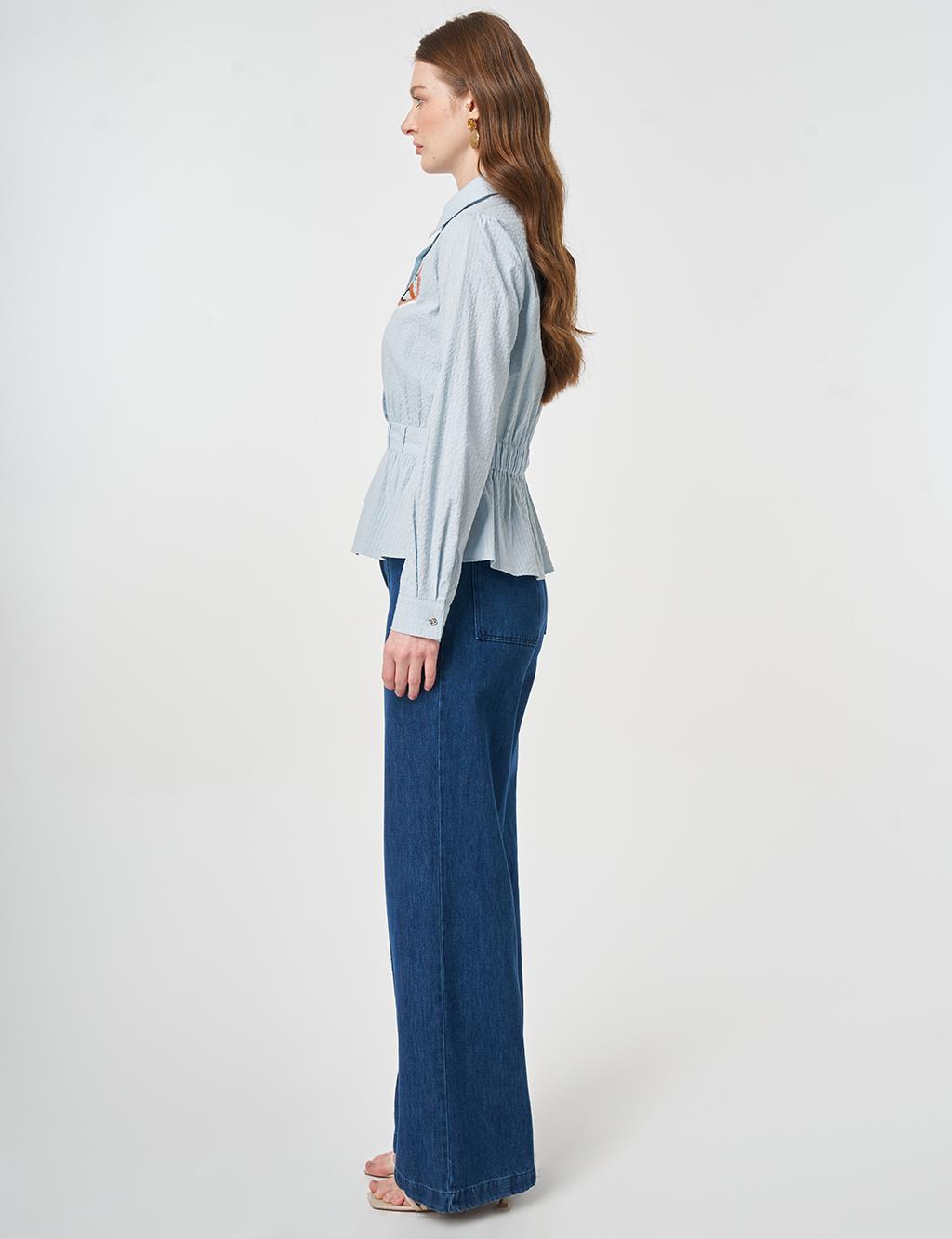 %100 Pamuklu İşleme Detaylı Gofreli Bluz Mavi