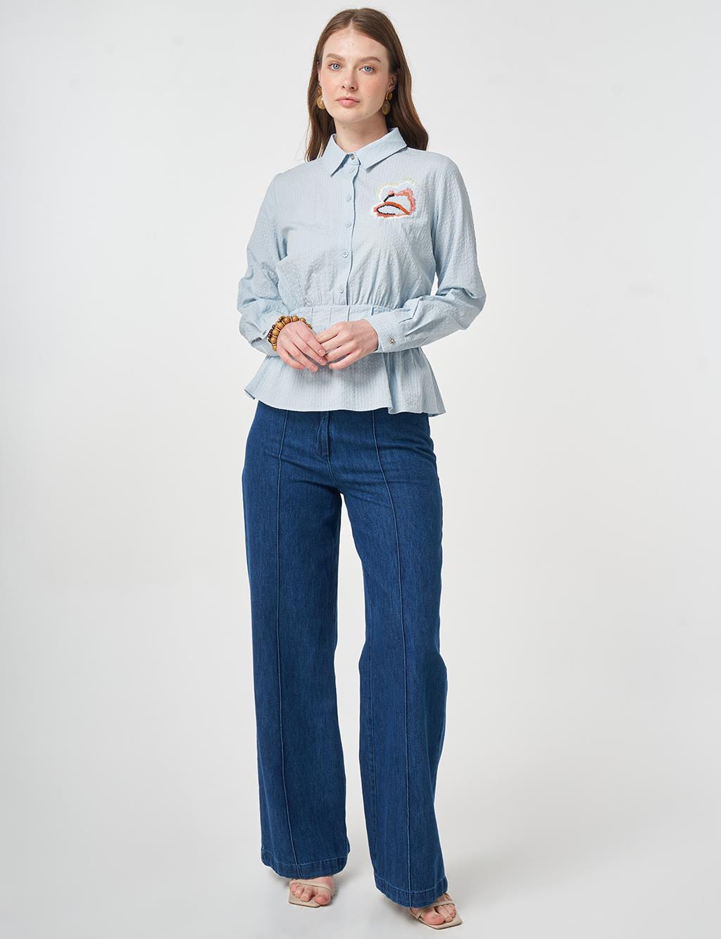 %100 Pamuklu İşleme Detaylı Gofreli Bluz Mavi