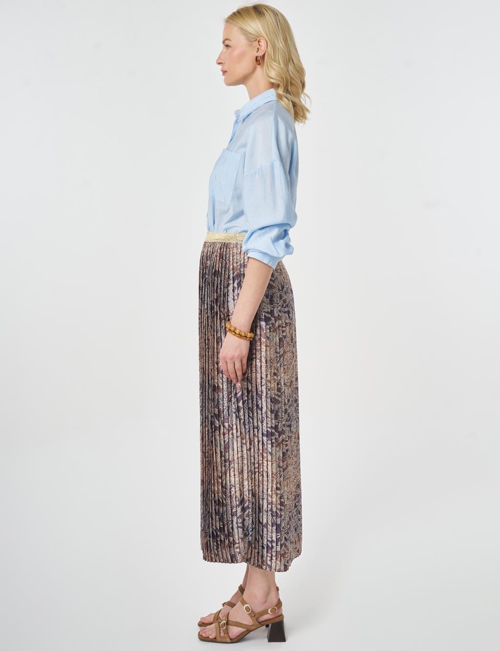Ethnic Pattern Pleated Skirt Dark Olive