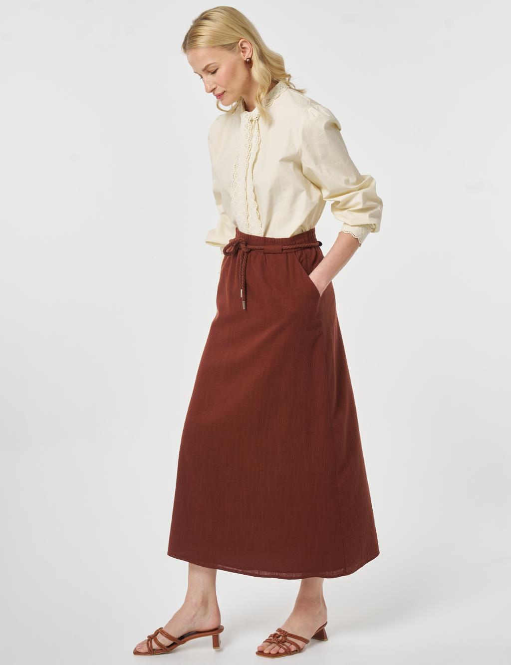 High Waist Rayon A-line Skirt Reddish Brown