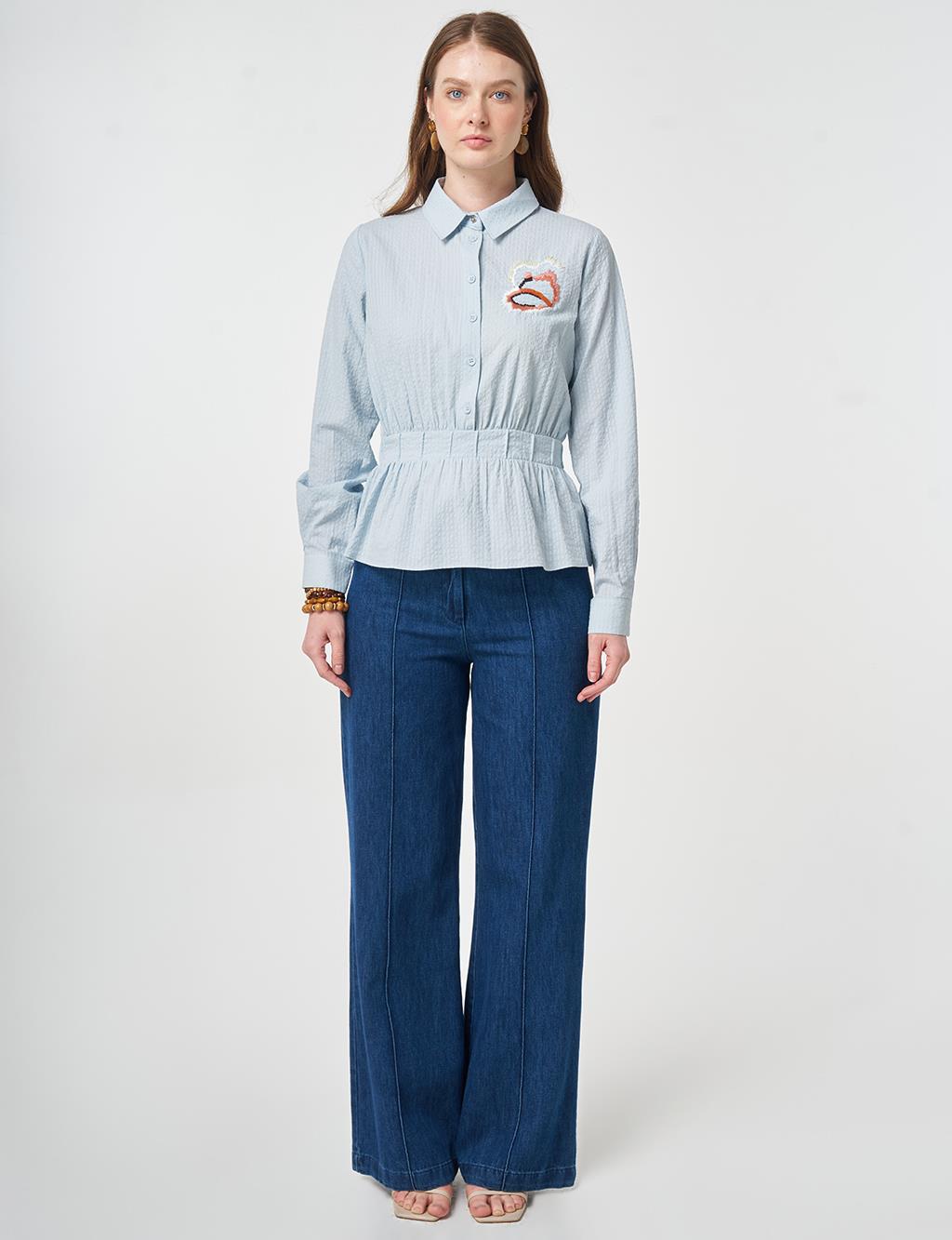 %100 Pamuklu İşleme Detaylı Gofreli Bluz Mavi