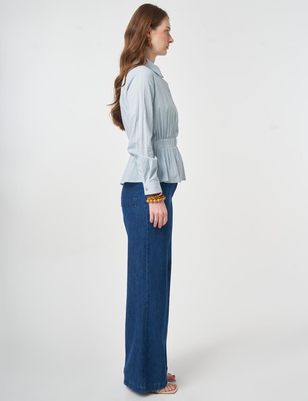 %100 Pamuklu İşleme Detaylı Gofreli Bluz Mavi