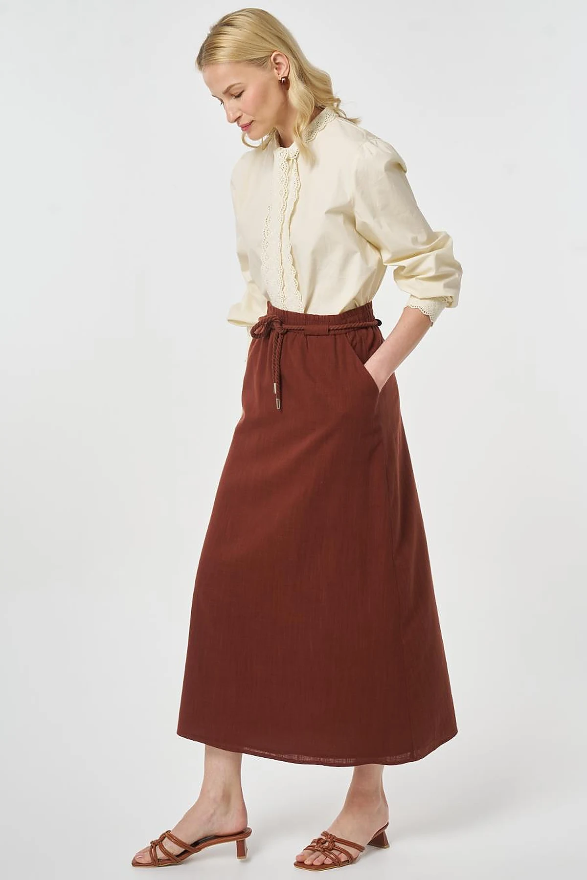 High Waist Rayon A-line Skirt Reddish Brown