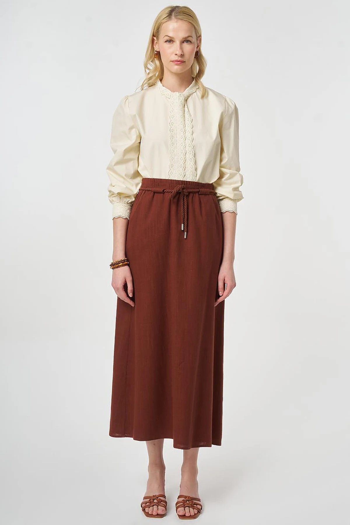 High Waist Rayon A-line Skirt Reddish Brown