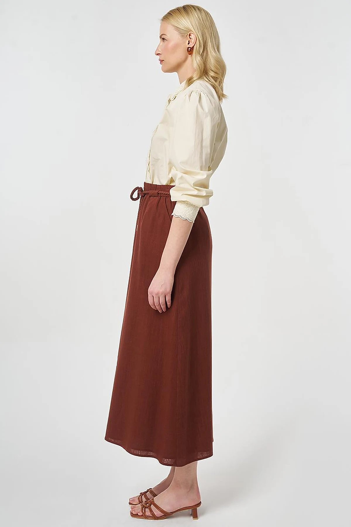High Waist Rayon A-line Skirt Reddish Brown
