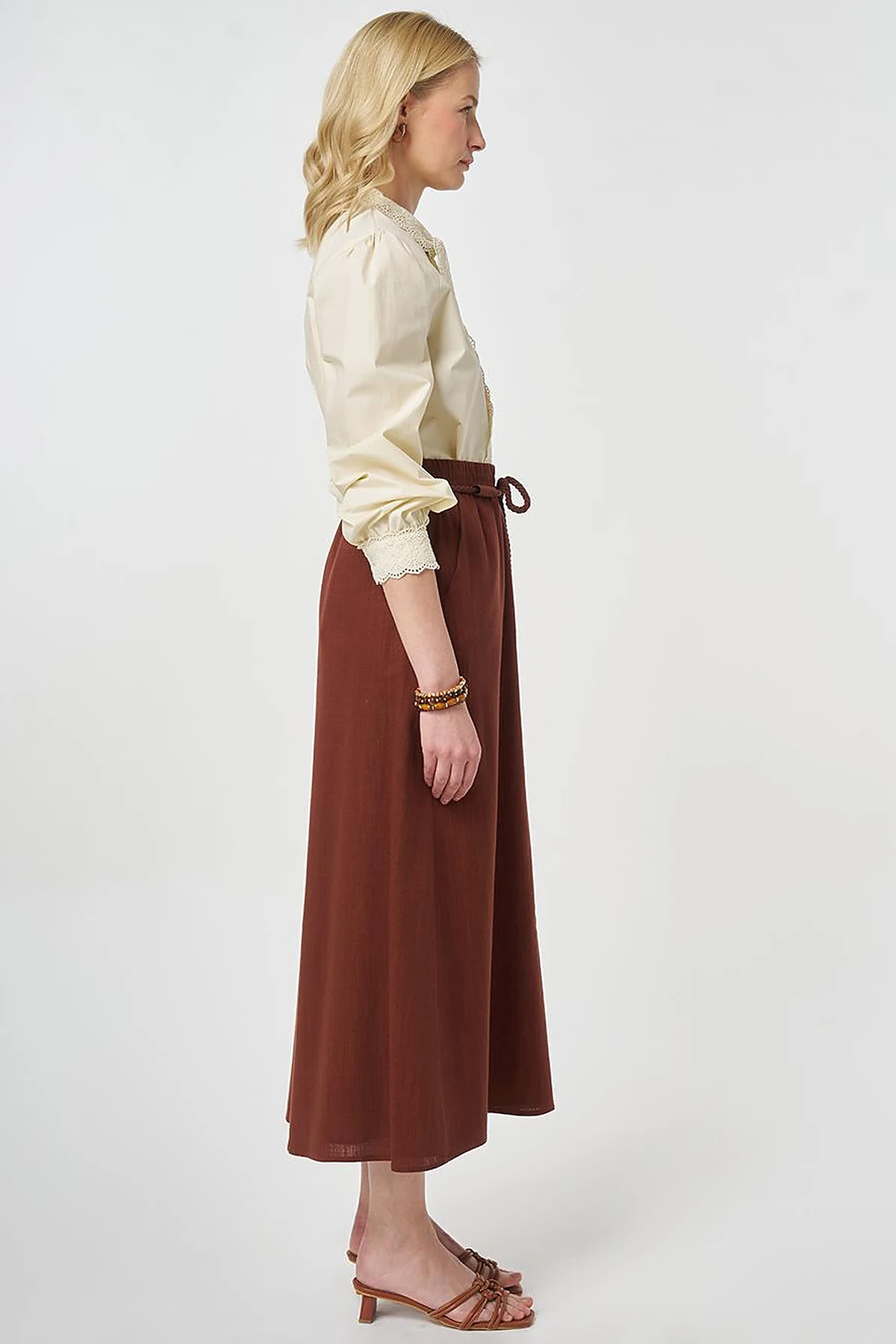 High Waist Rayon A-line Skirt Reddish Brown