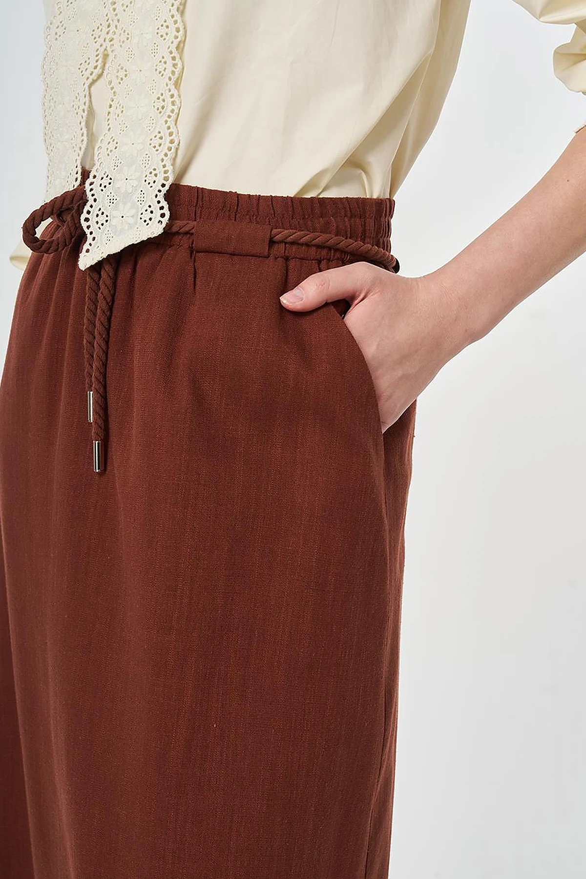 High Waist Rayon A-line Skirt Reddish Brown