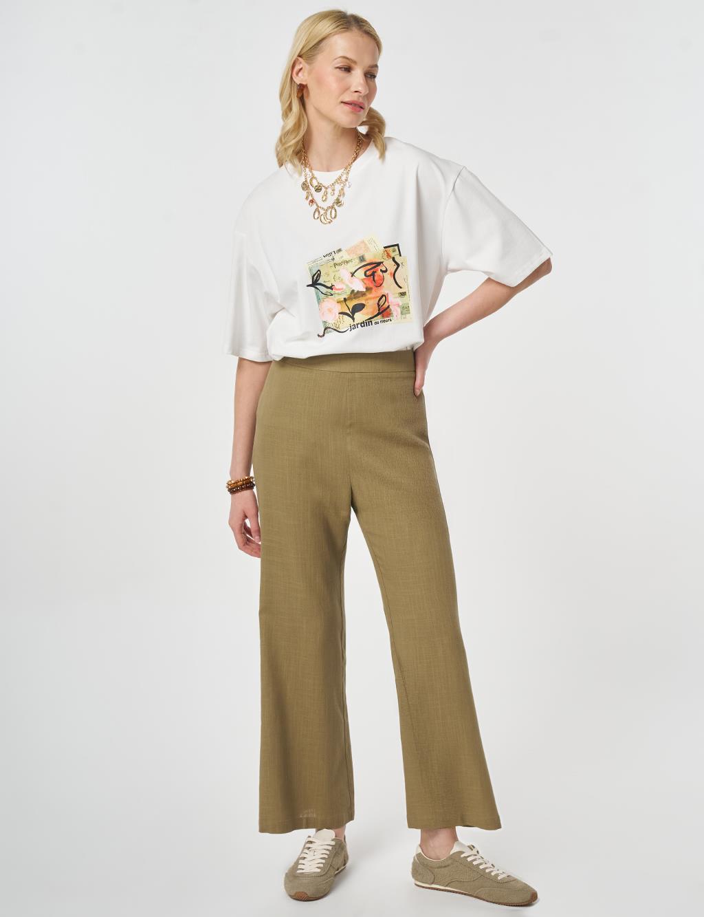 Flared Linen Trousers Dark Khaki