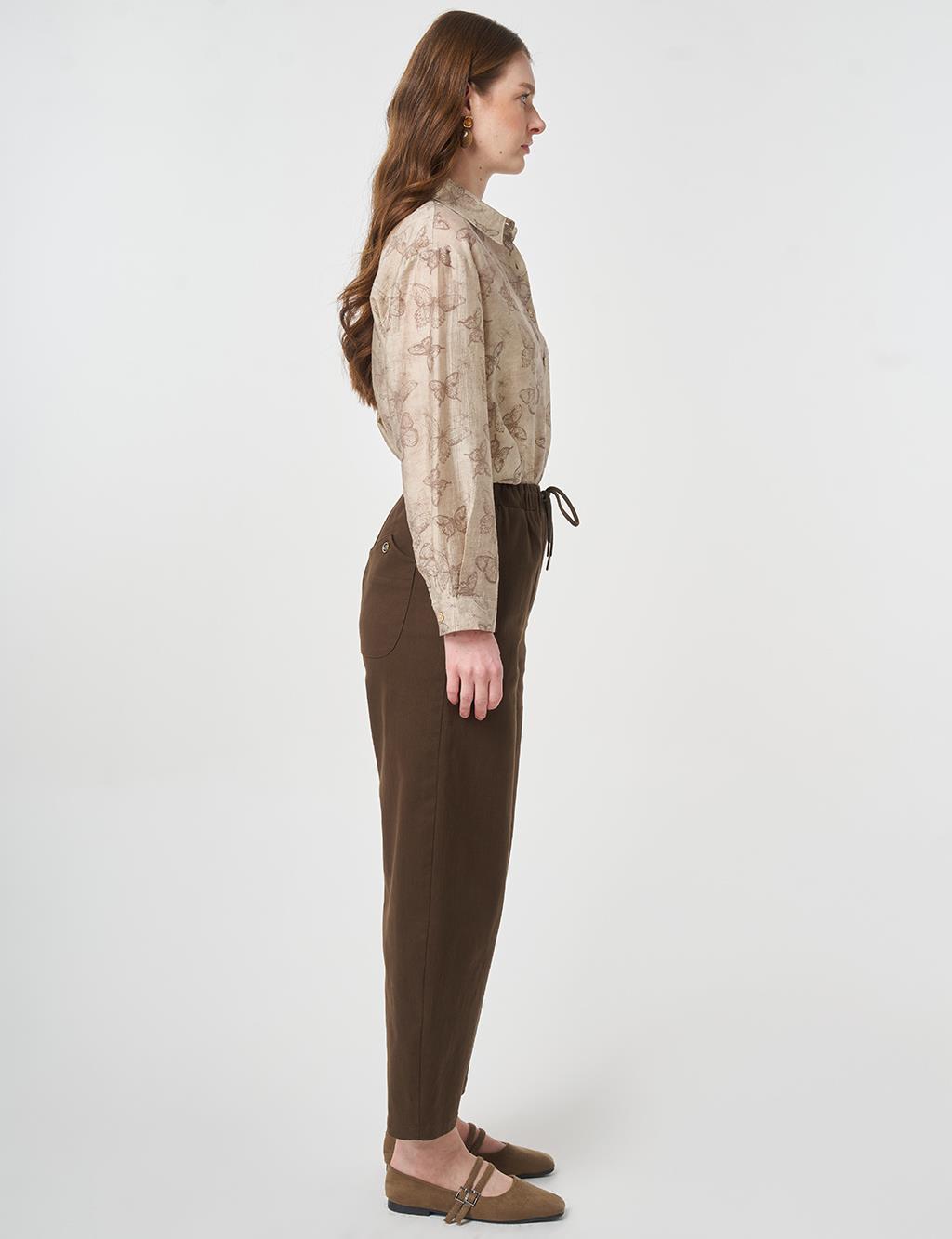 Elastic Waist Carrot Cut Trousers Chocolate