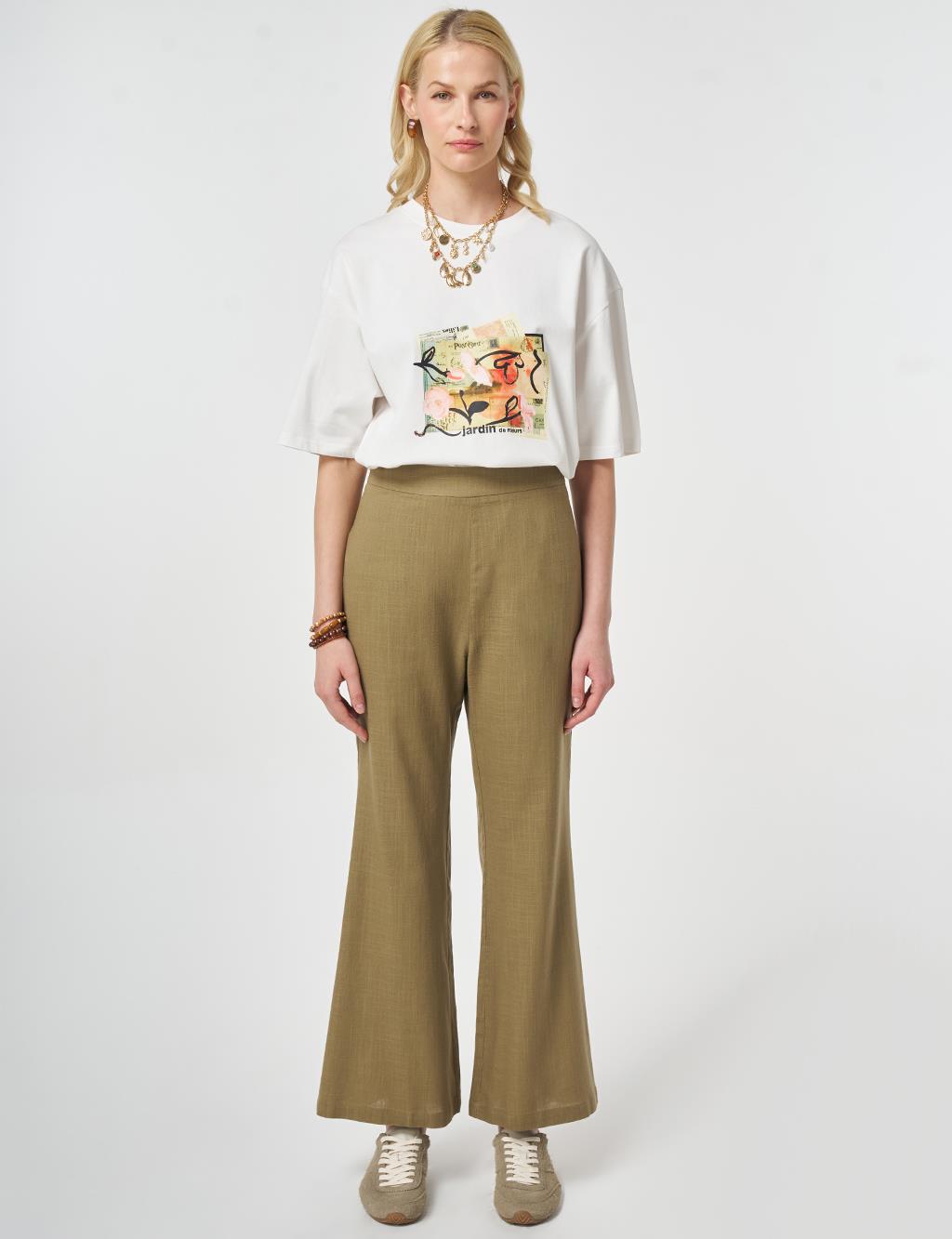 Flared Linen Trousers Dark Khaki