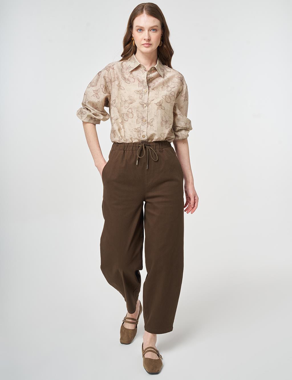 Elastic Waist Carrot Cut Trousers Chocolate