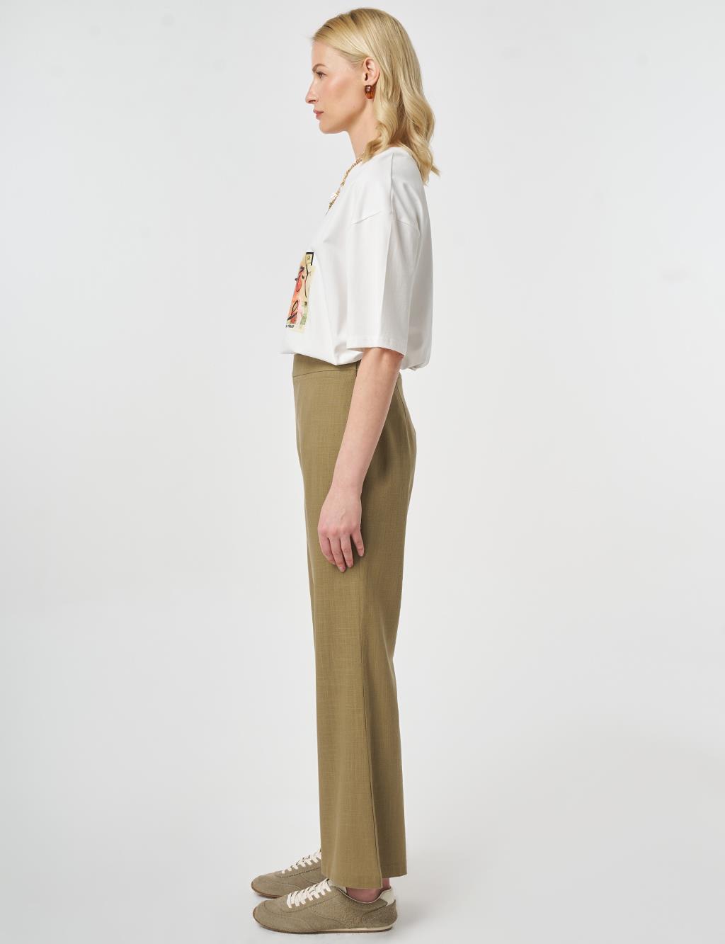 Flared Linen Trousers Dark Khaki