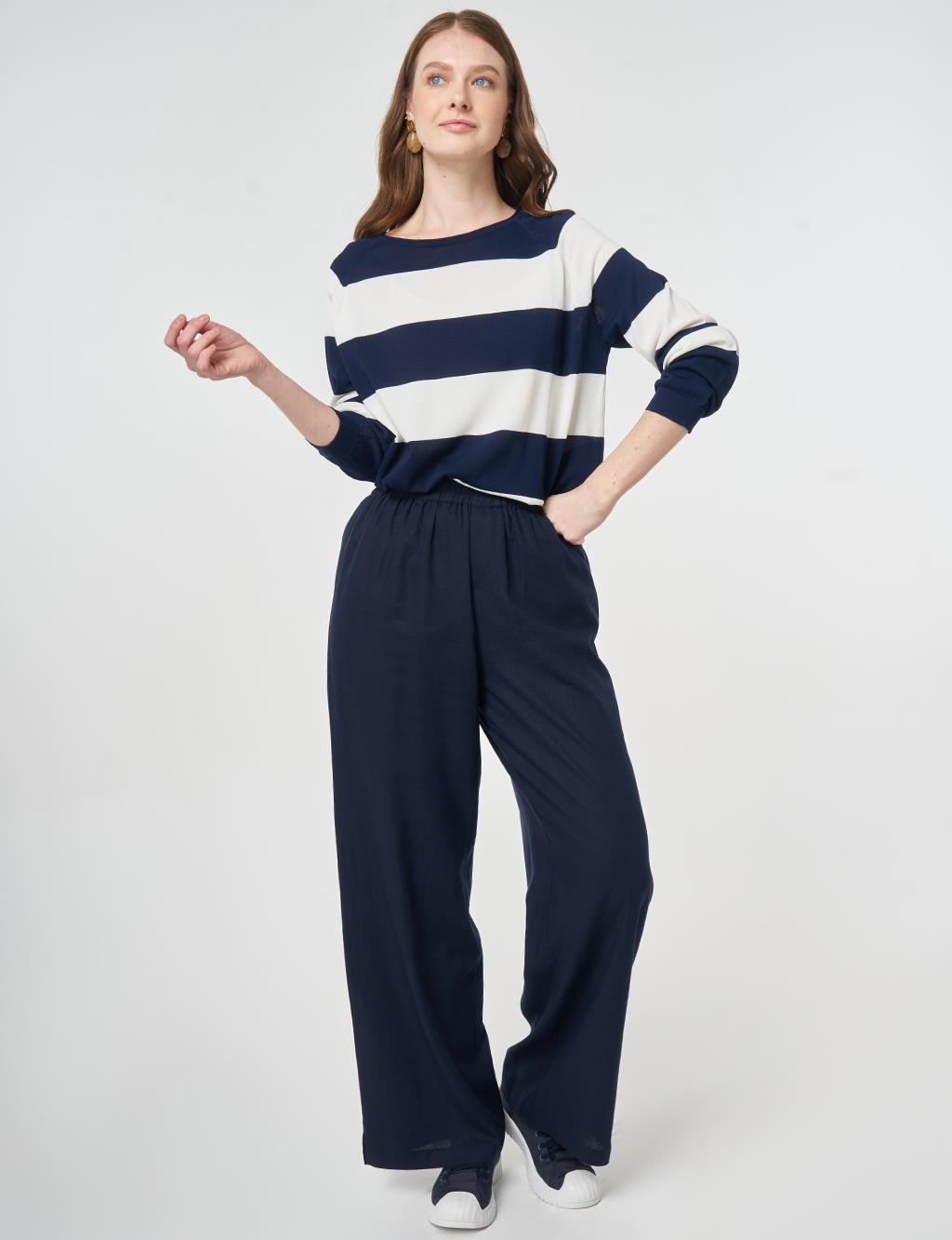 Elastic Waist Linen Trousers Dark Navy