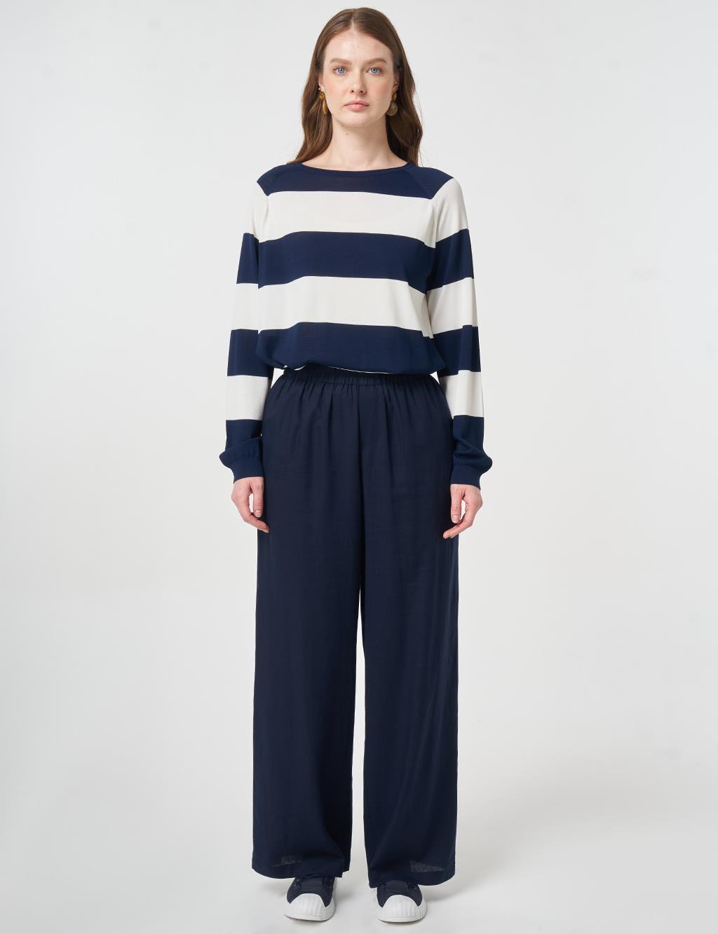 Elastic Waist Linen Trousers Dark Navy