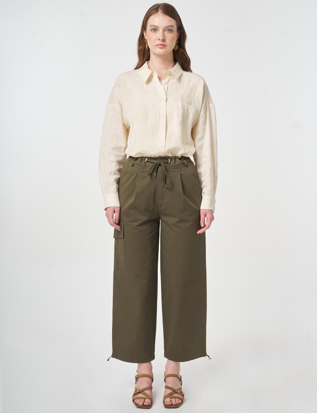 High-Waist Cargo Pocket Trousers Dark Khaki