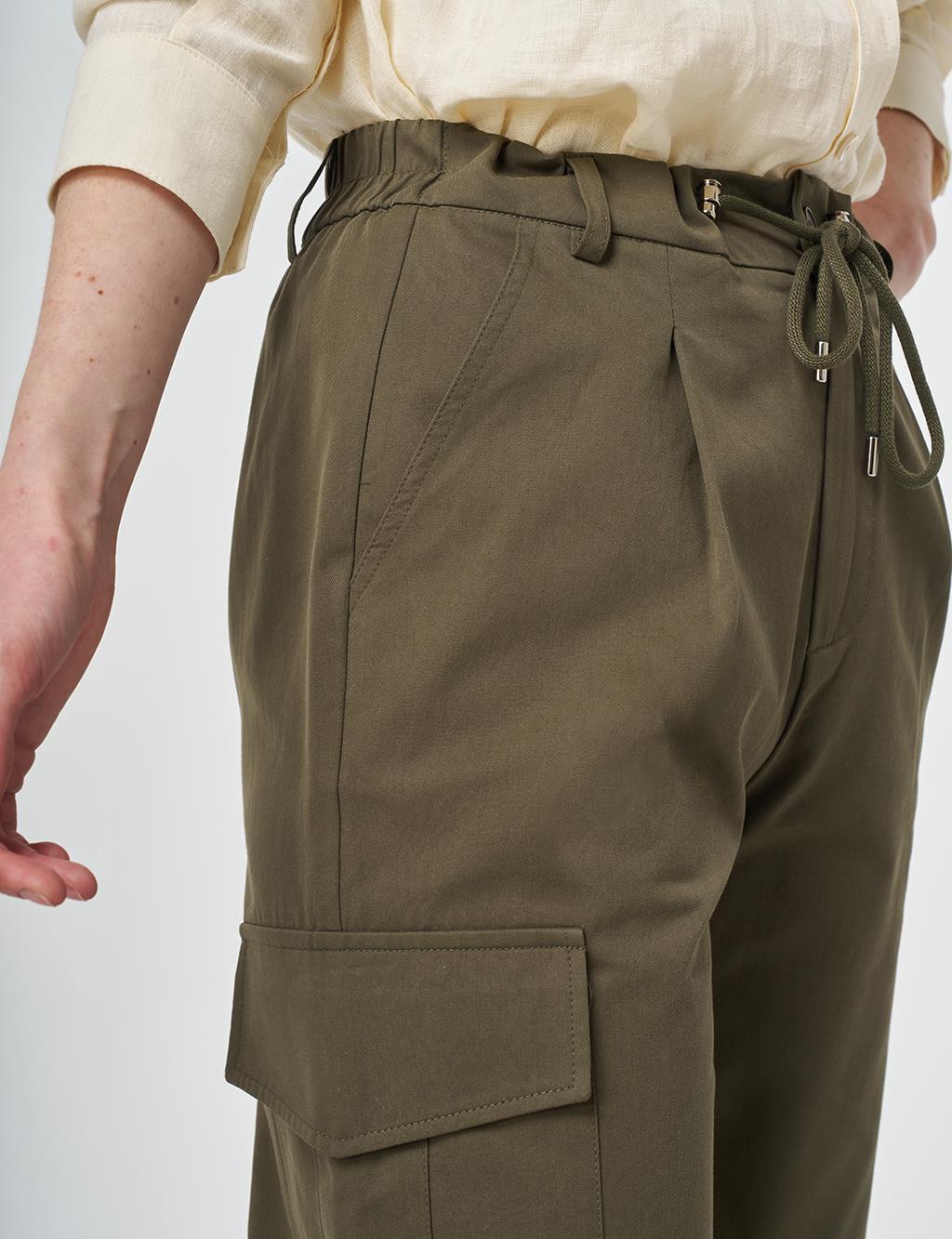 High-Waist Cargo Pocket Trousers Dark Khaki