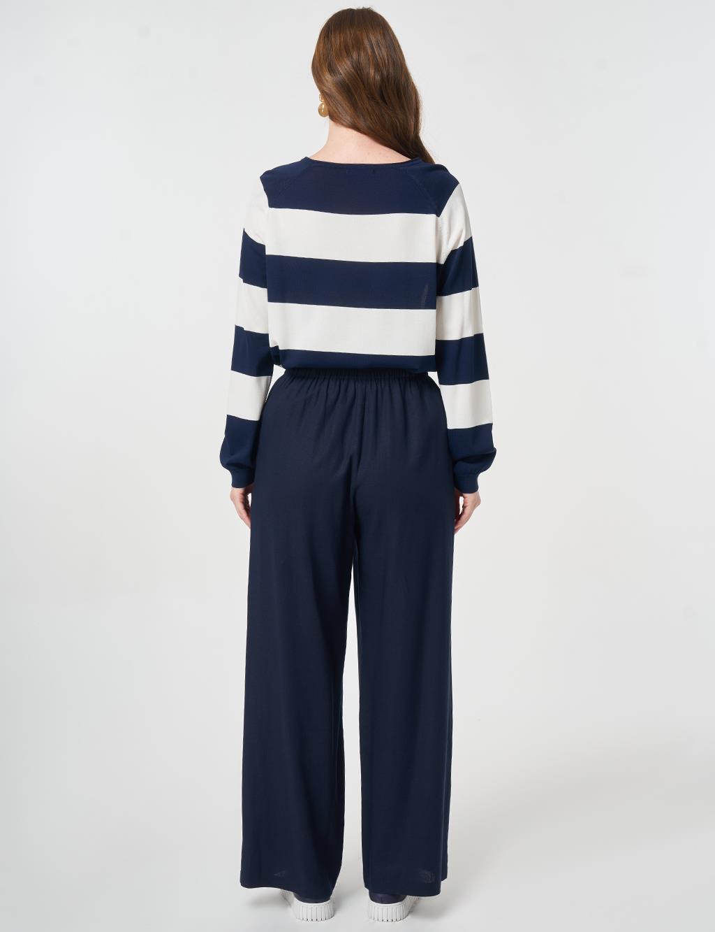 Elastic Waist Linen Trousers Dark Navy