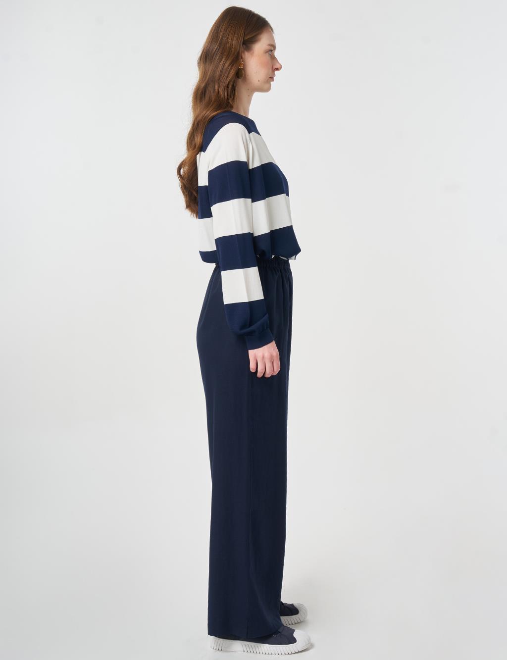 Elastic Waist Linen Trousers Dark Navy