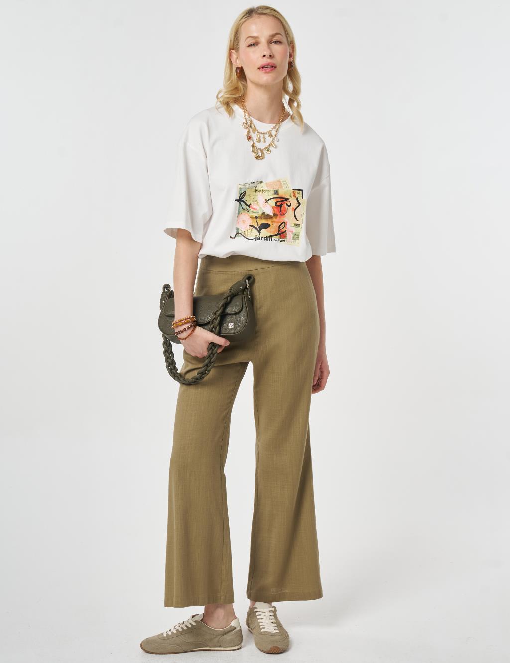 Flared Linen Trousers Dark Khaki
