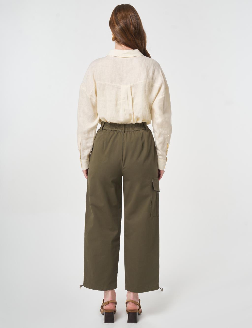 High-Waist Cargo Pocket Trousers Dark Khaki