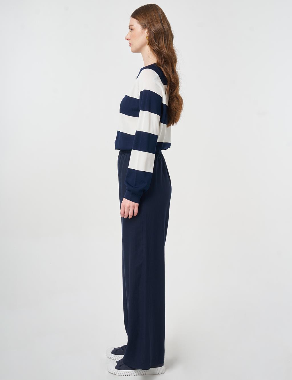 Elastic Waist Linen Trousers Dark Navy