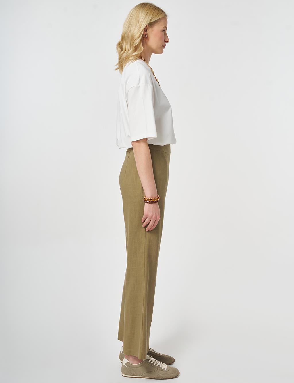 Flared Linen Trousers Dark Khaki