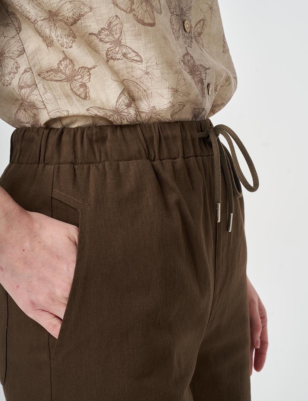 Elastic Waist Carrot Cut Trousers Chocolate